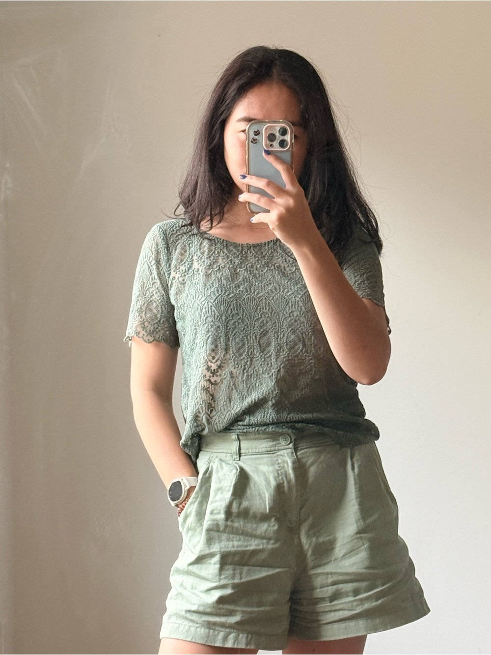Delicate Lace Short Sleeve Top in Sage Green